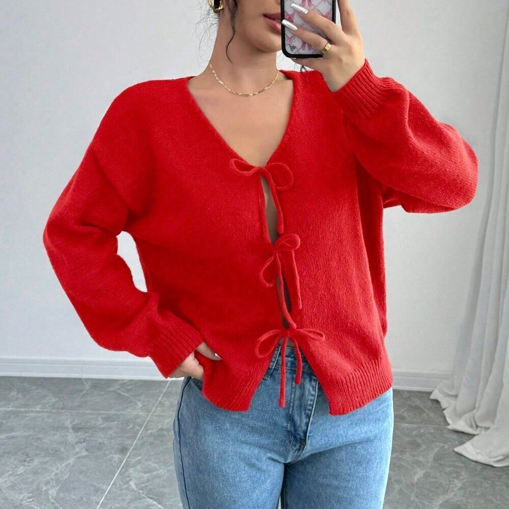 Red Casual Women's Front Tie Long Sleeve Blouse - Picture 4 of 6
